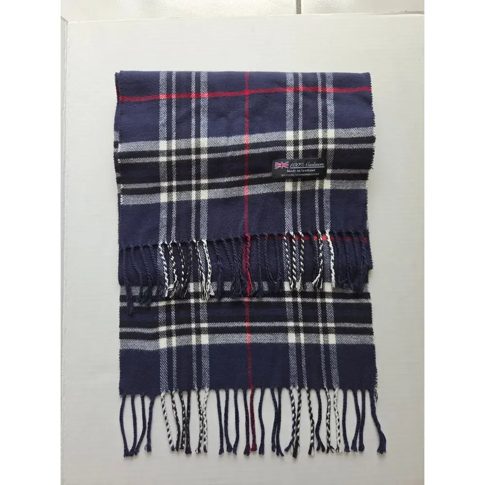 100% Cashmere Scarf Made in Scotland Navy Plaid Fringe 65